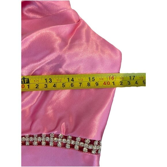 Vintage Cache Pink Y2K Satin Long Bias Cut Prom Slip Dress Gown Rhinestone Sz 6 - Picture 9 of 12